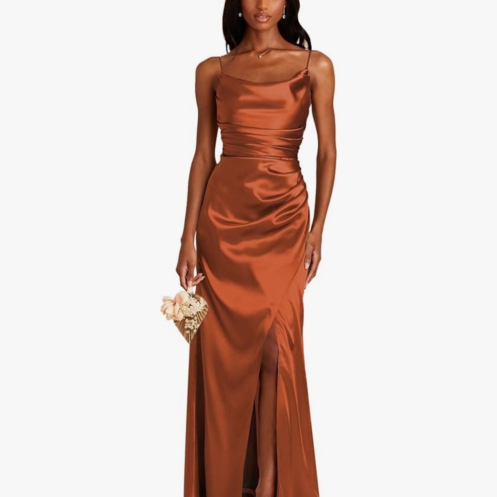 Rust Orange Ruched Bridesmaid Dress, Cocktail Dress, Full Length, Front Slit